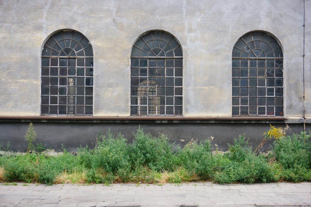 Panoramic shot of arched glass windows on a concrete wall